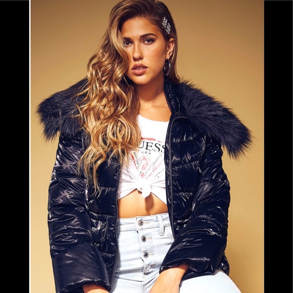 Guess Shiny Puffer Jacket Fur Collar Black S - Picture 2 of 14